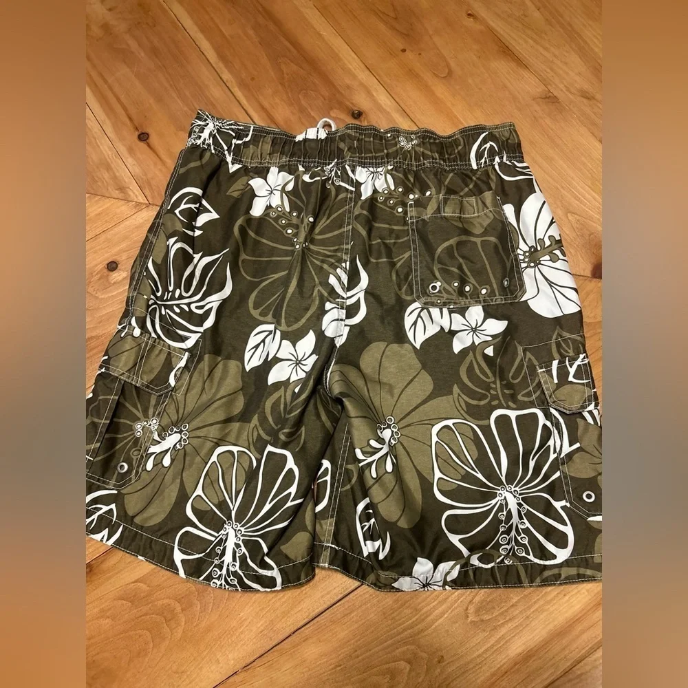 Merona Olive and White Floral Swim Board Shorts